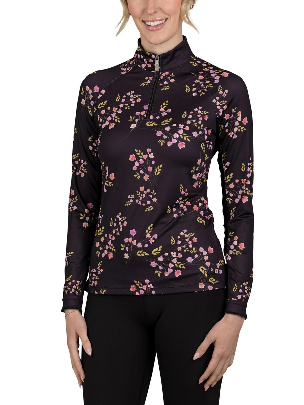 NEW Kastel Denmark Long Sleeve Black Rose Bud 1/4 Zip Top / Mesh Trim / MEDIUM